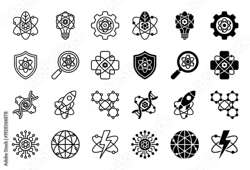 Hybrid science icons merging atomic structures with biological leaves medical crosses energy bolts and digital circuits in line and solid styles