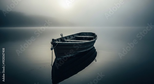 Lone vessel drifts on calm, misty lake at dawn