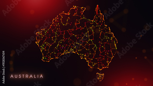 A creative cartography design featuring the Australia country border in a colorful plexus style. Glowing red and orange dots and lines represent digital technology and business communication.