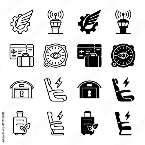 Aviation and sustainable travel hybrid icon set featuring winged gear tower control radar eye hangar lock and eco friendly luggage symbols