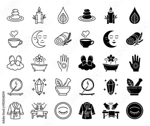 Modern wellness and holistic spa icon collection featuring hybrid symbols like moon faces and bamboo candles in linear and solid styles