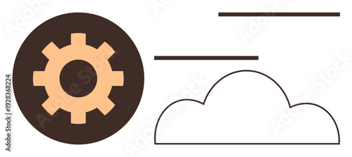 Cloud technology, innovation, data management, cloud storage, system processing, automation. A gear next to a cloud outline and lines. Cloud technology and innovation concept