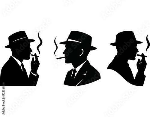 Three black silhouettes of men in fedora hats smoking cigars, depicted in profile with a vintage aesthetic.