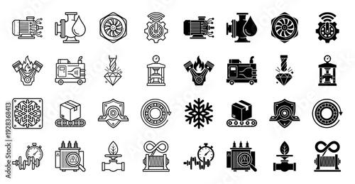 Industrial heavy machinery and engineering hardware icon set featuring hybrid mechanical designs with dual outline and solid silhouette styles