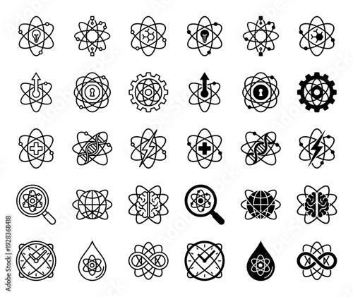 Atom Hybrid Icon Set Featuring Scientific Symbols Merged with Lightbulb DNA Molecule Brain Clock and Infinity Sign in Line and Solid Style