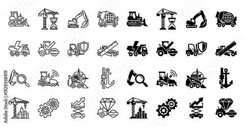 Heavy machinery and construction equipment hybrid icons merging industrial tools with conceptual symbols like clocks leaves and diamonds