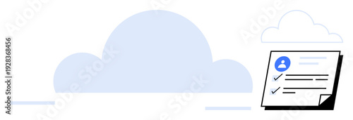 Blue cloud in the background with a checklist featuring user profile and tasks. Ideal for teamwork, cloud storage, task management, productivity, digital solutions, data synchronization, simple flat