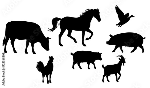 Dynamic Farm Animal Silhouettes Rural Agriculture Vector Collection On White