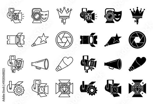 Hybrid cinema and theater icon set featuring creative merges of stage lighting with film reels masks crowns megaphones and diamond spotlights