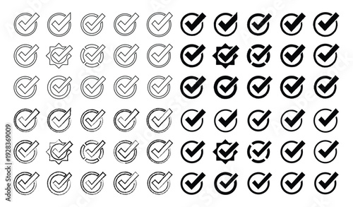 Doodle hand drawn chalk check mark set. sketch check boxes, tick and cross symbols. tick cross signs. Crayon grunge check mark elements. isolated on white background, vector illustration.