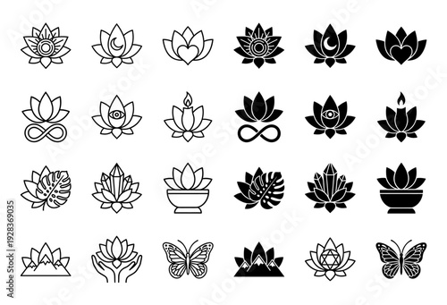 Collection of hybrid lotus flower icons merging spiritual symbols with natural elements including moon heart infinity eye candle crystal and butterfly