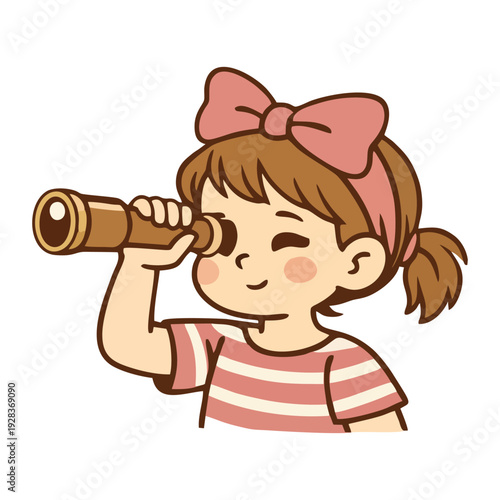 Young explorer telescope, Kid Binoculars Vector, Cute Girl look through binoculars, Kid Holding Binoculars illustration, Little Girl use binocular to see, Looking through telescope vector. Looking for
