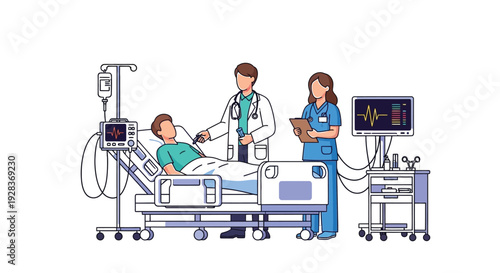 Doctor and nurse consulting over a sick patient resting in a hospital bed with monitoring equipment