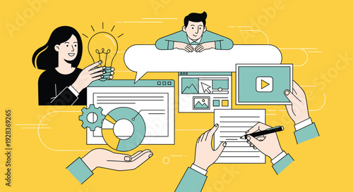 Creative team working on a digital project with charts, video, and documents on a yellow background