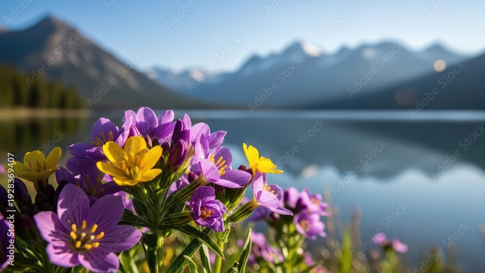 Obraz premium A serene landscape of purple and yellow flowers by a calm lake with mountains in the background