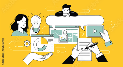 Diverse team collaborating on a digital project with charts, video, and documents on a yellow background