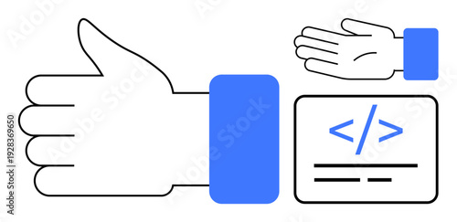 Programming, teamwork, coding symbols, user interaction, communication, gestures. Large hand showing thumbs up, smaller hand open coding symbol card. Programming and teamwork visualization