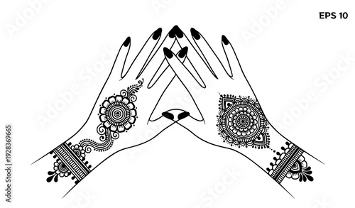 Arabic Indian mehndi henna two hands vector back pose decorative cultural illustration