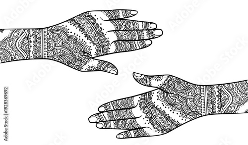 Two hands henna mehndi vector frame design Indian Arabic Asian cultural tattoo illustration