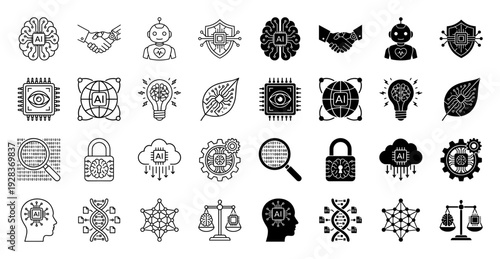 Artificial intelligence hybrid icons featuring human brain circuits robotic handshake neural network bulb and digital lock in outline and solid style