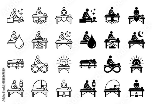 Massage therapy icon set featuring hybrid symbols combining wellness treatment with nature roots heart hourglass infinity and golden ratio spiral
