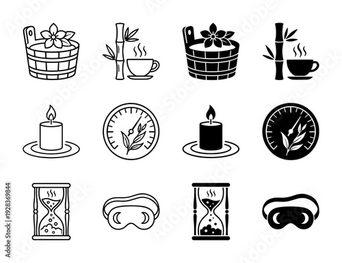 Minimalist spa and wellness icons featuring a hybrid design of relaxation symbols like bamboo tea cups and hourglass saunas in outline and solid styles