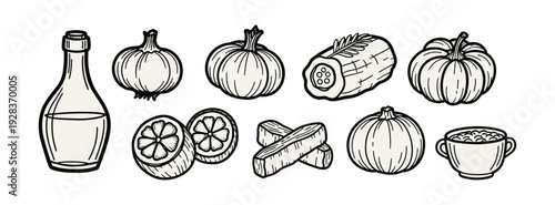 Hand Drawn Sketch Style Food Ingredients and Bottle Collection
