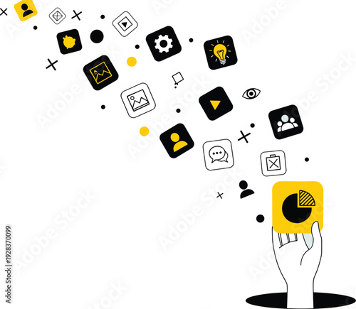 Hand Reaching Out to Collect Digital Icons Representing Business Concepts collecting