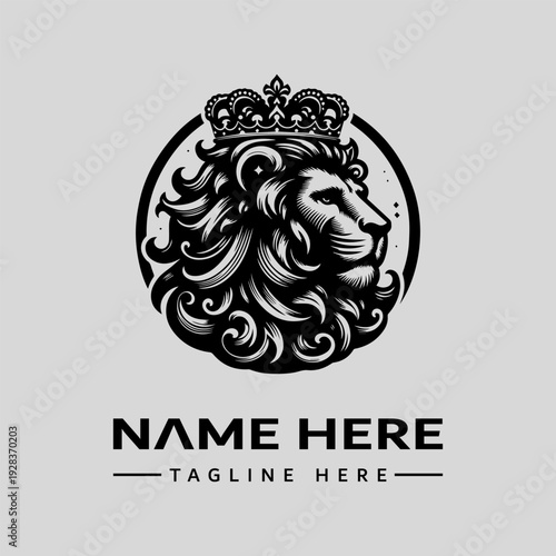 A black and white illustration of a lion's head wearing a crown, surrounded by a circular border with swirling patterns, on a light gray background with space for a name and tagline.
