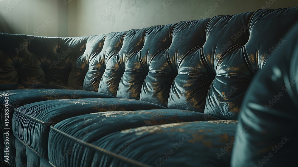 Obraz premium Close up of a dark blue tufted leather sofa with gold detailing