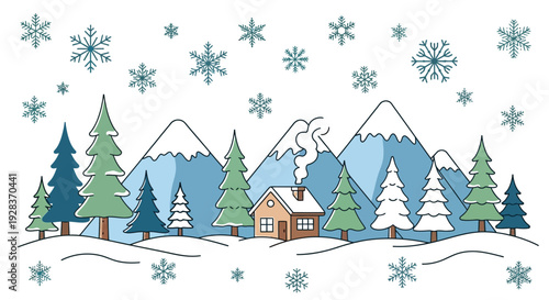 Cozy wooden cabin nestled amongst snow-covered pine trees during a gentle snowfall scene