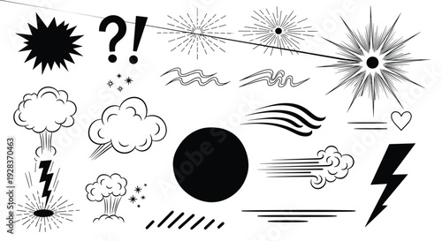 Black And White Comic Book Style Graphic Elements Including Explosions Stars And Lightning