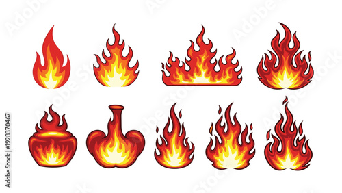 Assortment of Stylized Fire Flames in Various Shapes and Sizes burn heat