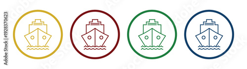 Set of four cargo ship icons in different colors. Minimalist line art style vessels with containers in circular frames, front-view perspective. Vector illustrations for shipping, transportation, and l