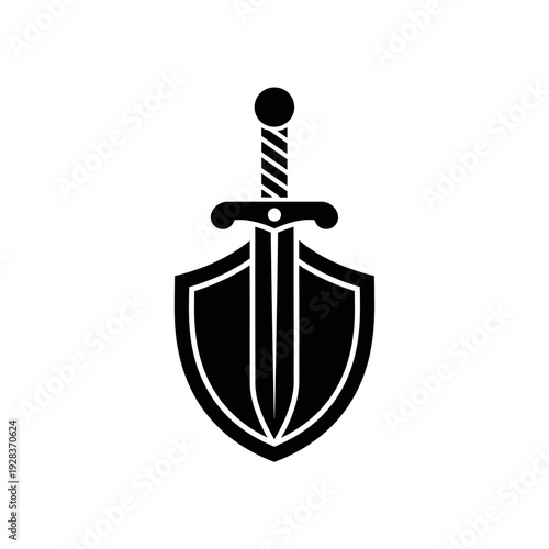 Black and white vector illustration of a sword and shield emblem design
