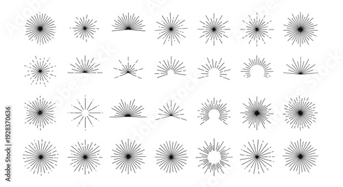 Collection of Black and White Sunburst and Starburst Line Art Elements on White Background
