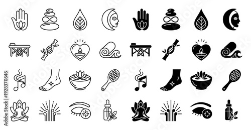 Collection of holistic wellness and spa icons featuring hybrid symbols like a lotus hand zen stones and organic leaf drop in linear and solid styles