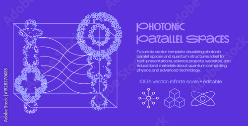 Vector illustration depicts futuristic photonic structures with glowing lavender particle chains forming twisted loops, infinity symbols, and interconnected rings.