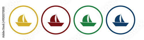 Color Sailboat Icon Set in Circular Buttons — Four Nautical Boat Symbols in Yellow, Red, Green and Blue, Modern Flat Vector Illustration for Marine App UI, Travel, Sailing Club and Water Sport Design.