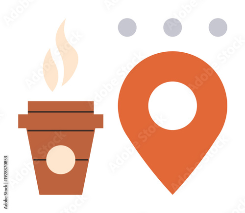 Coffee shops, navigation, local marketing, cafe culture, delivery services, online maps. Coffee cup with steam and a location pin. Navigation and coffee shop for business applications
