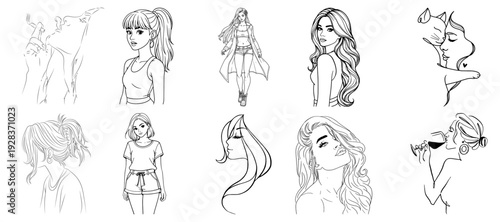 Vector illustration of a beautiful woman with long hair in a stylish fashion sketch design