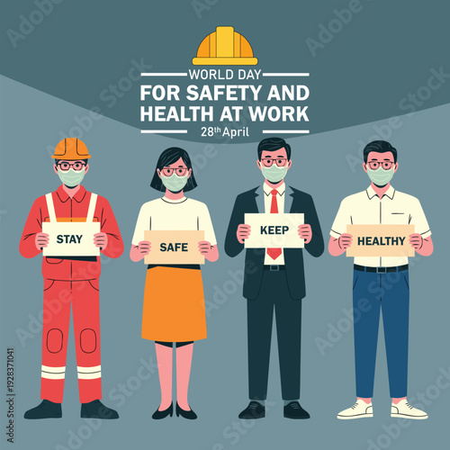 World day for safety and health at work observed each year on April 28th to promote the prevention of occupational accidents and diseases globally. Vector illustration.