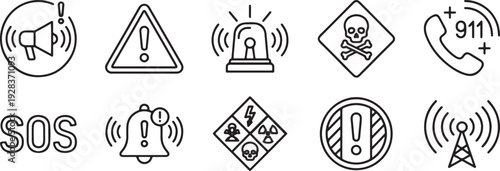 Emergency warning signs and symbols set with SOS alarm icons flat design vector illustration