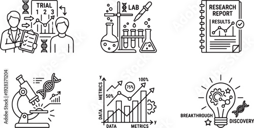 Scientific research and medical lab concepts with clinical trials, data charts, and discovery vector illustration