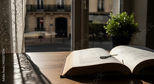 Minimalist scene of French literature illuminated by gentle daylight for an educational concept