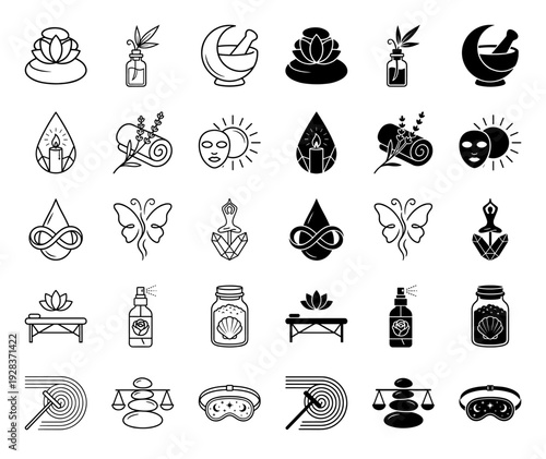 Wellness and holistic healing icon set featuring hybrid symbols like a lotus on massage stones Zen sand garden and moon mortar and pestle