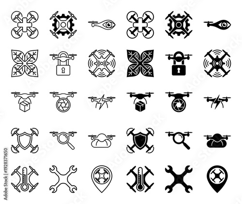 Collection of hybrid drone icons merging aerial technology with symbols for medical delivery security surveillance agriculture and industrial maintenance