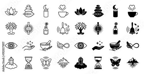 Collection of hybrid wellness icons featuring conceptual blends like a lotus leaf stone stack and butterfly sound waves in line and solid styles