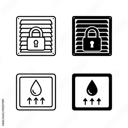 Set of hybrid industrial icons featuring a secured air ventilation vent with padlock and a liquid moisture evaporation indicator with rising arrows