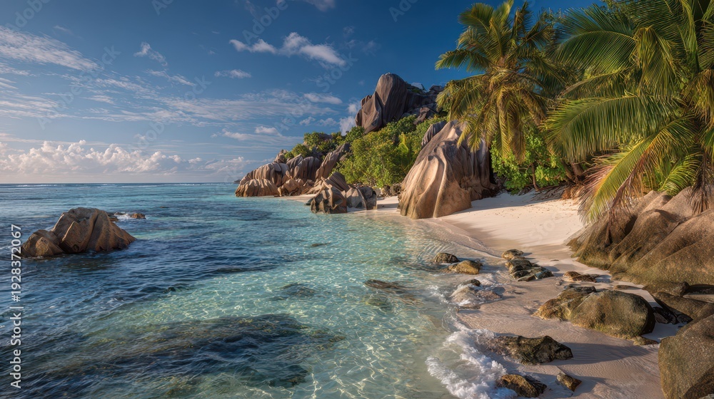 Obraz premium Sunlit Tropical Coastline on La Digue: Granite Boulders and Turquoise Sea at a Secluded Beach
